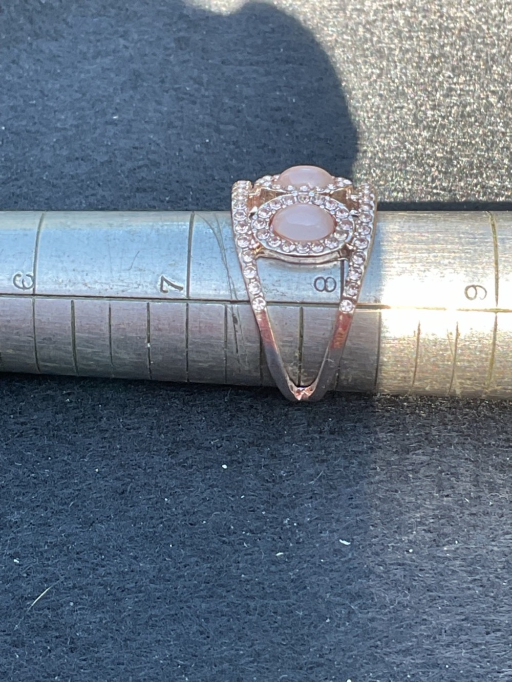 Blush Pink Cabochon Oval Halo Ring Rose Gold Tone Triple Stone Statement Chic - Picture 5 of 5